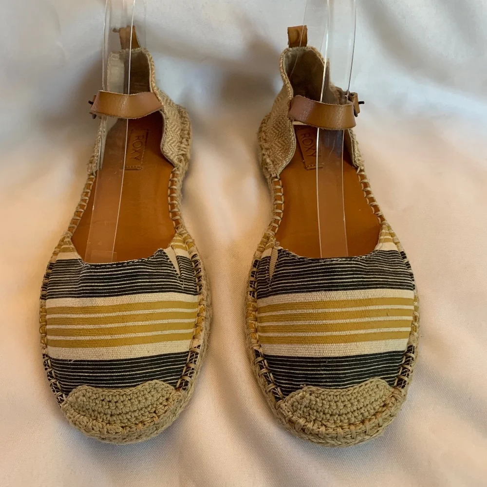 Roxy Espadrille Flat Sandals in Navy Blue and Golden Stripes!
